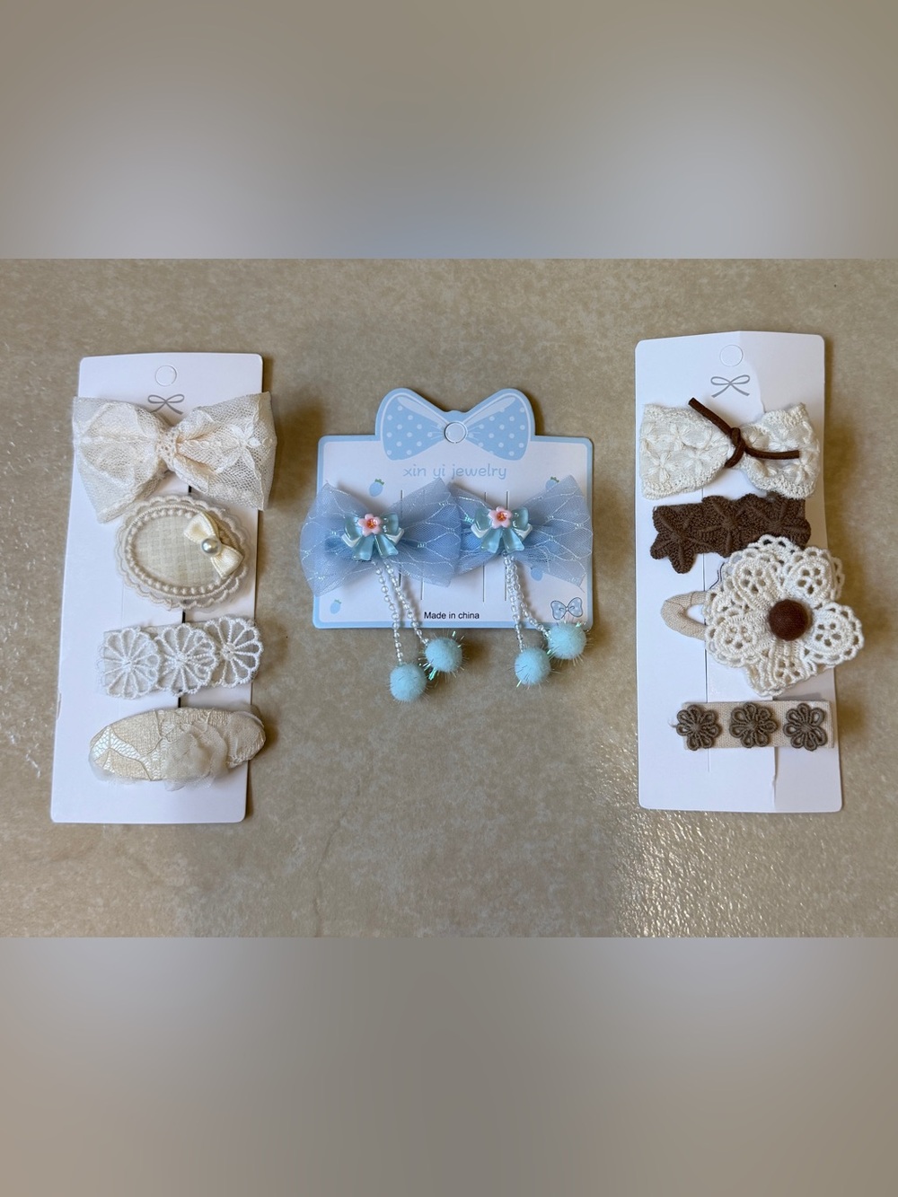 10pc Baby Girl Hair Clip Set – Ivory Lace Bows & Blue Tulle Bow Pins
